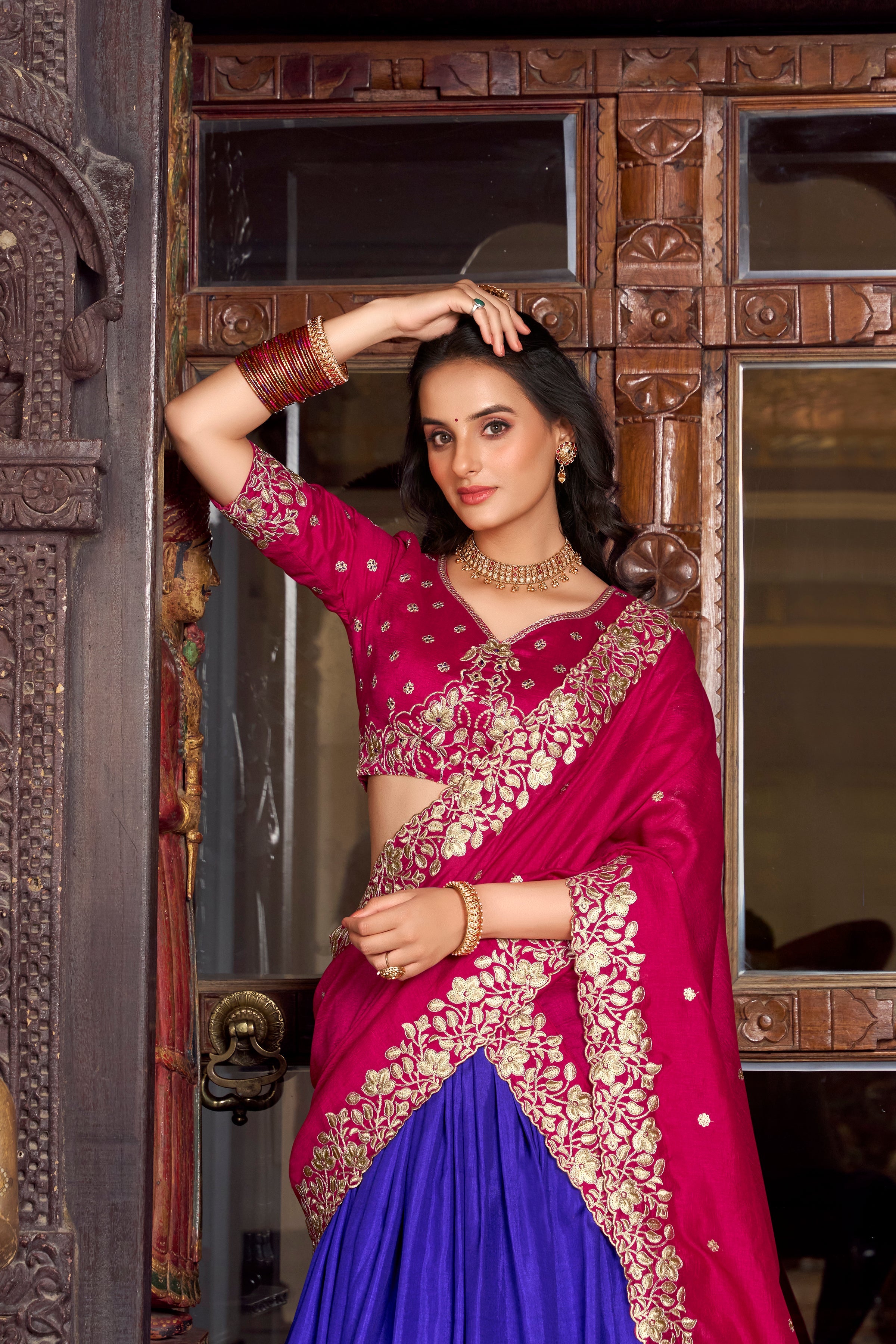 Lorenvalley Royal Blue Tussar Silk Printed With Foil Work Lehenga Choli with Dupatta | Grocsy