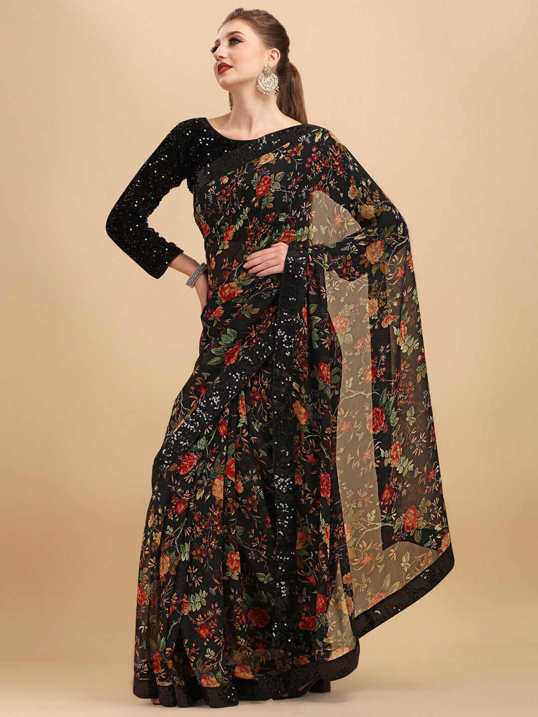 Sangria Floral Printed Embroidered Saree | Grocsy