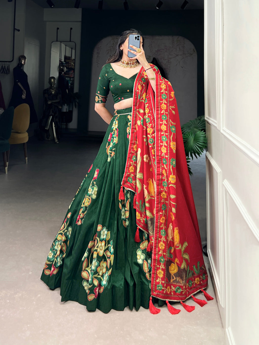 Lorenvalley Green Tussar Silk Printed And Foil Work With Lace Touch Up Lehenga Choli with Dupatta | Grocsy