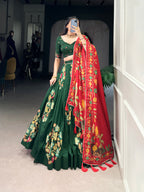 Lorenvalley Green Tussar Silk Printed And Foil Work With Lace Touch Up Lehenga Choli with Dupatta | Grocsy