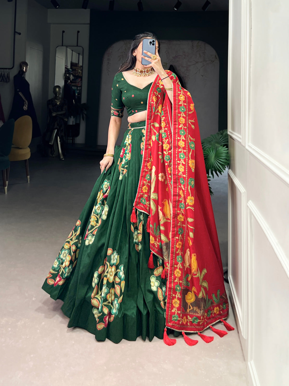 Lorenvalley Green Tussar Silk Printed And Foil Work With Lace Touch Up Lehenga Choli with Dupatta | Grocsy