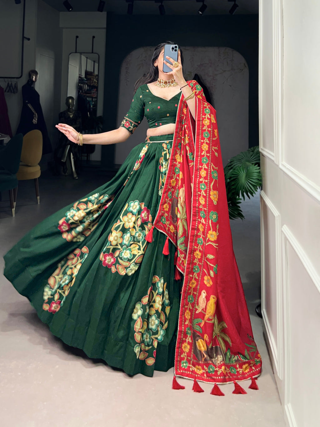 Lorenvalley Green Tussar Silk Printed And Foil Work With Lace Touch Up Lehenga Choli with Dupatta | Grocsy
