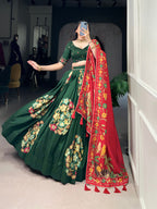 Lorenvalley Green Tussar Silk Printed And Foil Work With Lace Touch Up Lehenga Choli with Dupatta | Grocsy