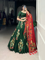 Lorenvalley Green Tussar Silk Printed And Foil Work With Lace Touch Up Lehenga Choli with Dupatta | Grocsy