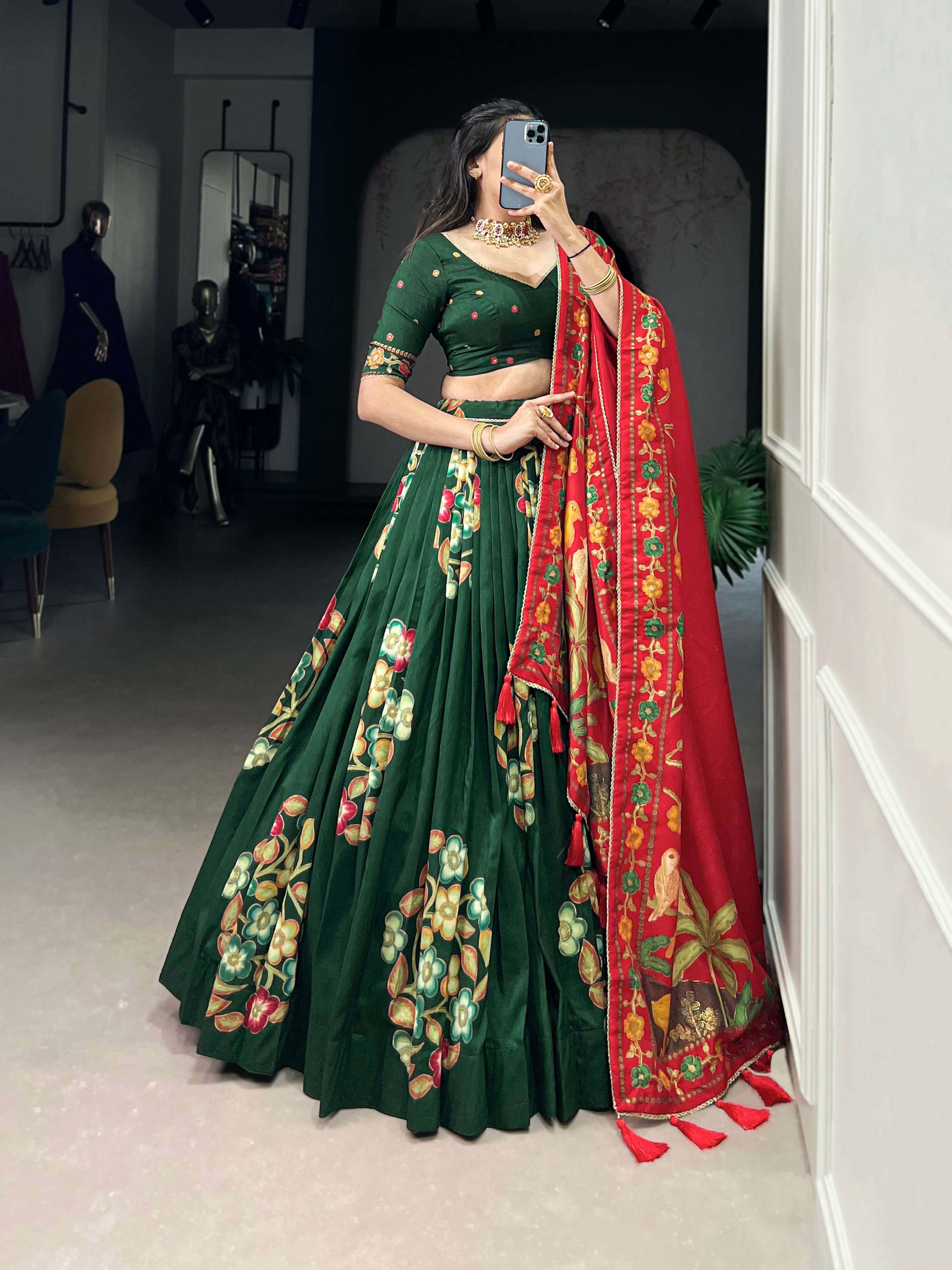 Lorenvalley Green Tussar Silk Printed And Foil Work With Lace Touch Up Lehenga Choli with Dupatta | Grocsy
