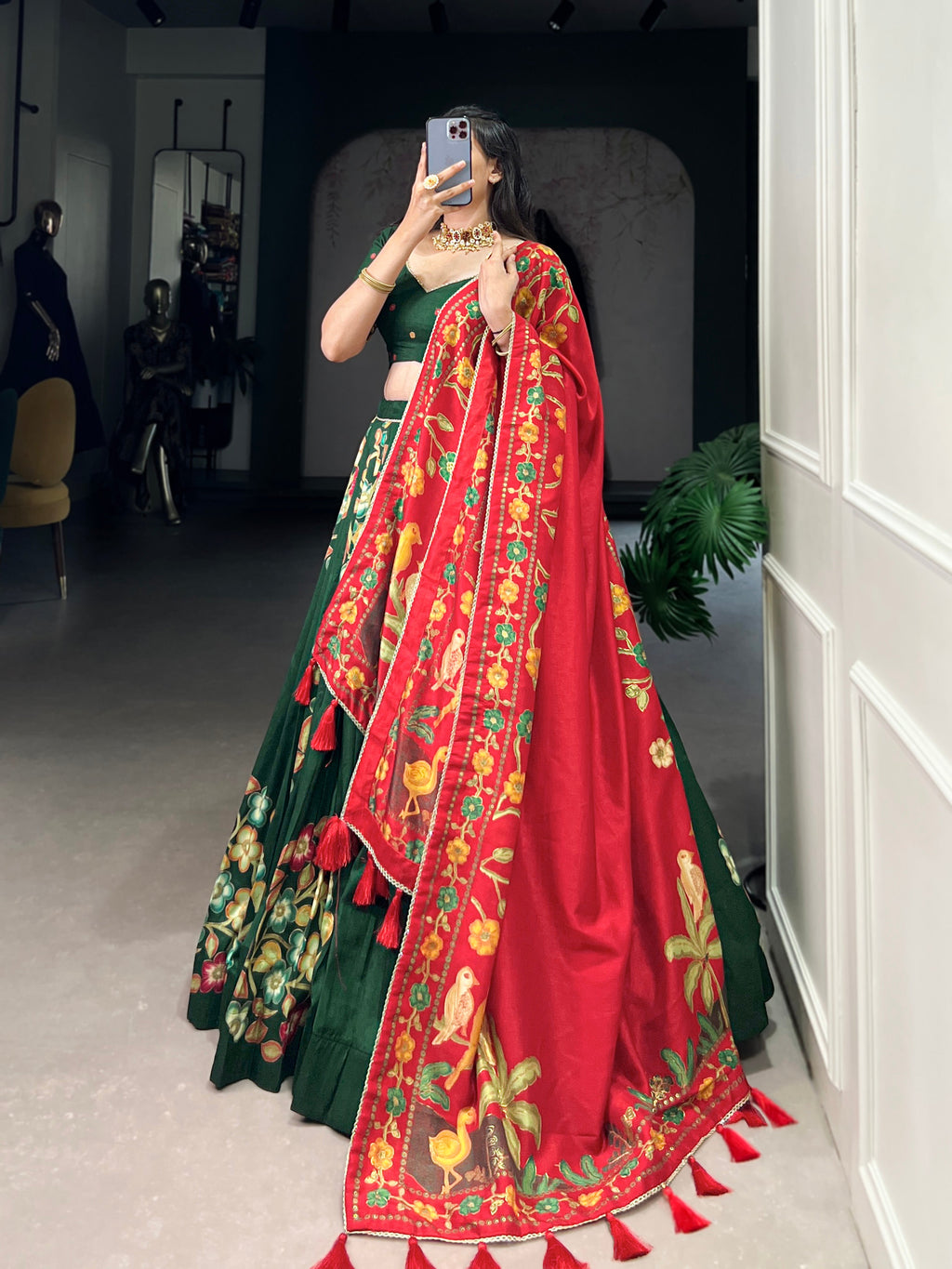 Lorenvalley Green Tussar Silk Printed And Foil Work With Lace Touch Up Lehenga Choli with Dupatta | Grocsy