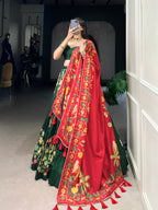 Lorenvalley Green Tussar Silk Printed And Foil Work With Lace Touch Up Lehenga Choli with Dupatta | Grocsy