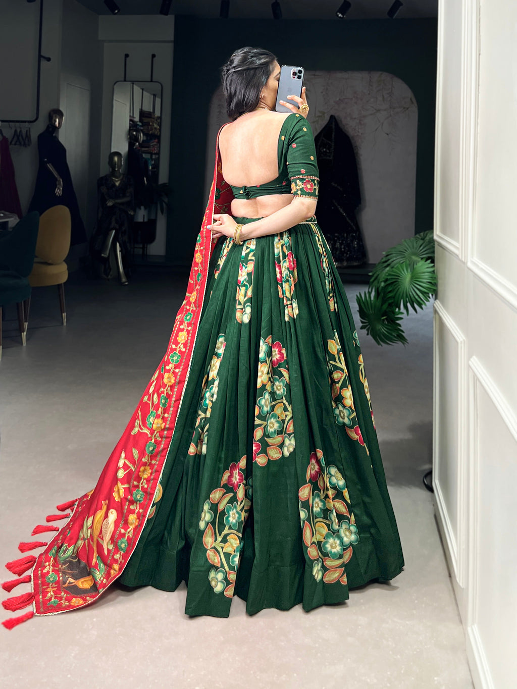 Lorenvalley Green Tussar Silk Printed And Foil Work With Lace Touch Up Lehenga Choli with Dupatta | Grocsy