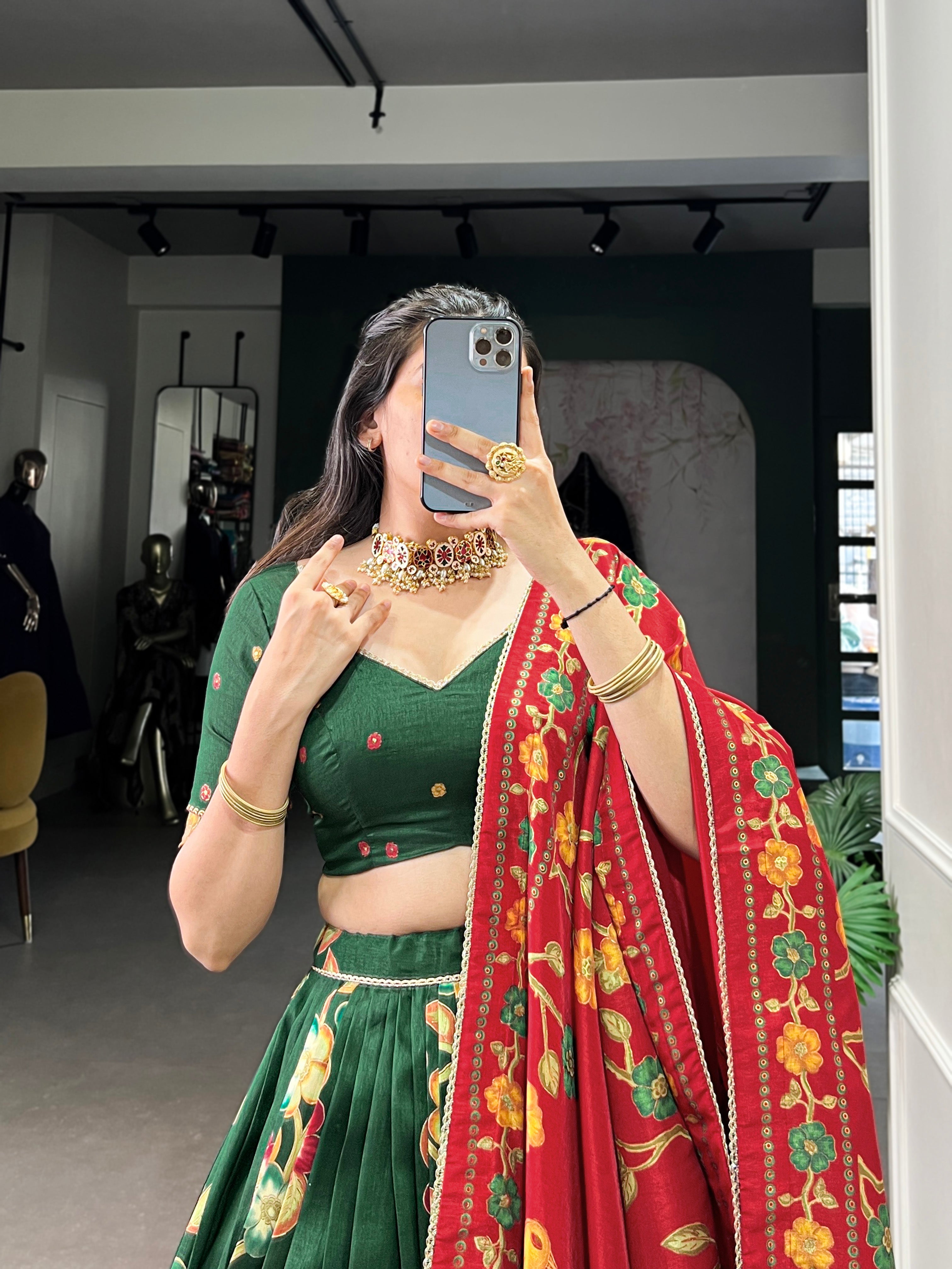 Lorenvalley Green Tussar Silk Printed And Foil Work With Lace Touch Up Lehenga Choli with Dupatta | Grocsy