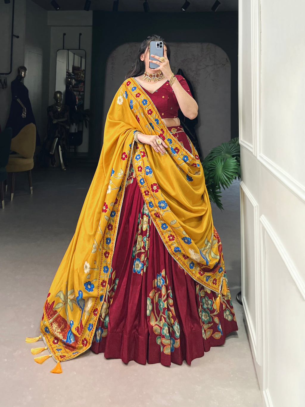 Lorenvalley Maroon Tussar Silk Printed And Foil Work With Lace Touch Up Lehenga Choli with Dupatta | Grocsy