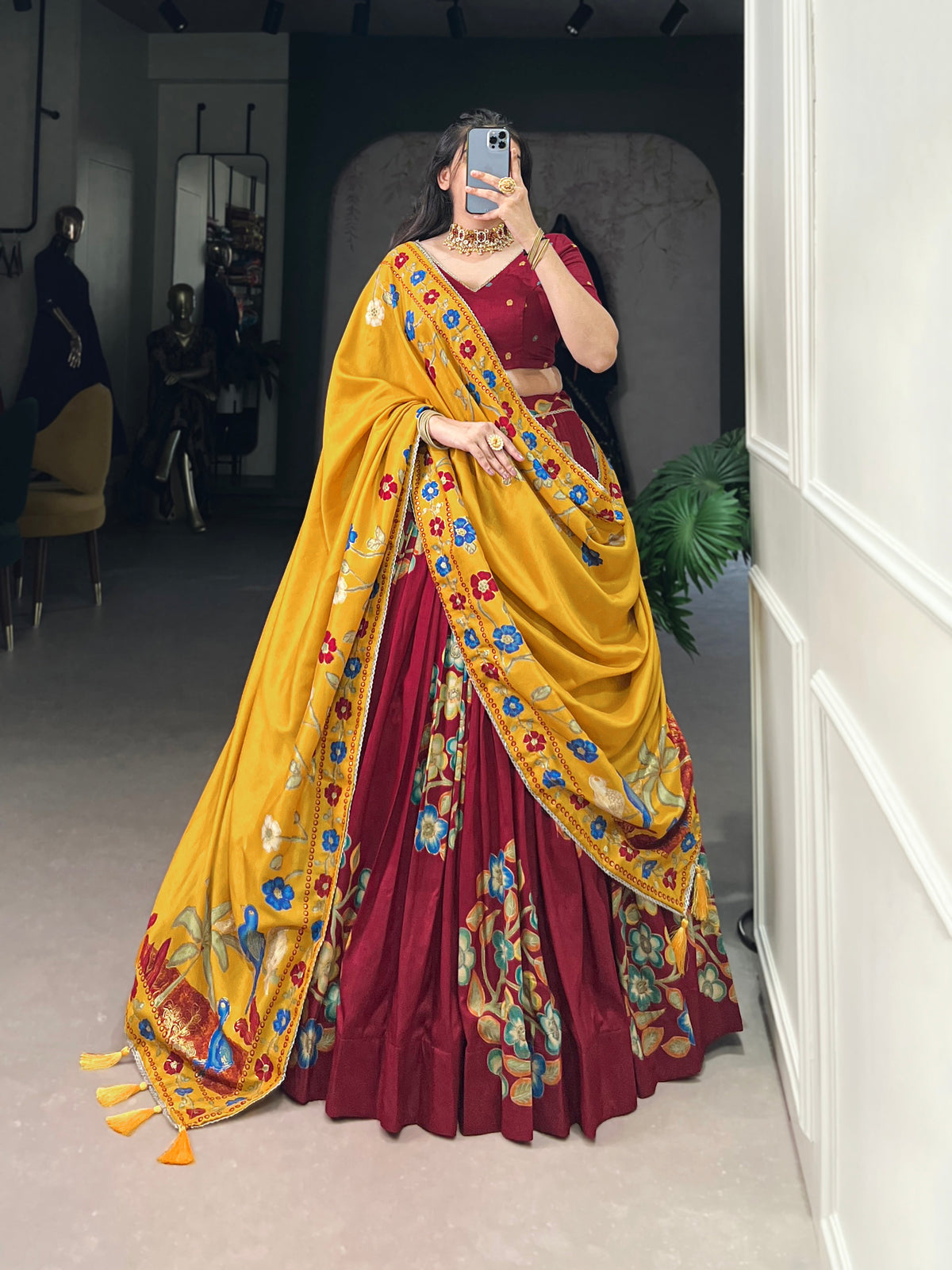 Lorenvalley Maroon Tussar Silk Printed And Foil Work With Lace Touch Up Lehenga Choli with Dupatta | Grocsy