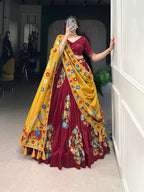 Lorenvalley Maroon Tussar Silk Printed And Foil Work With Lace Touch Up Lehenga Choli with Dupatta | Grocsy