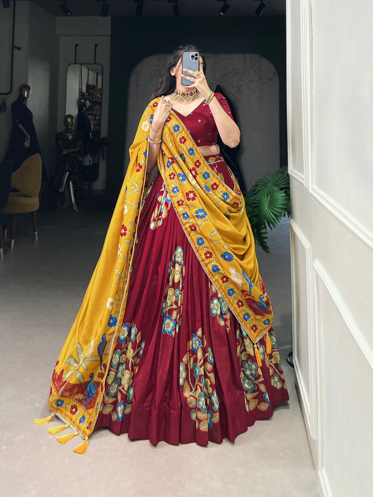 Lorenvalley Maroon Tussar Silk Printed And Foil Work With Lace Touch Up Lehenga Choli with Dupatta | Grocsy