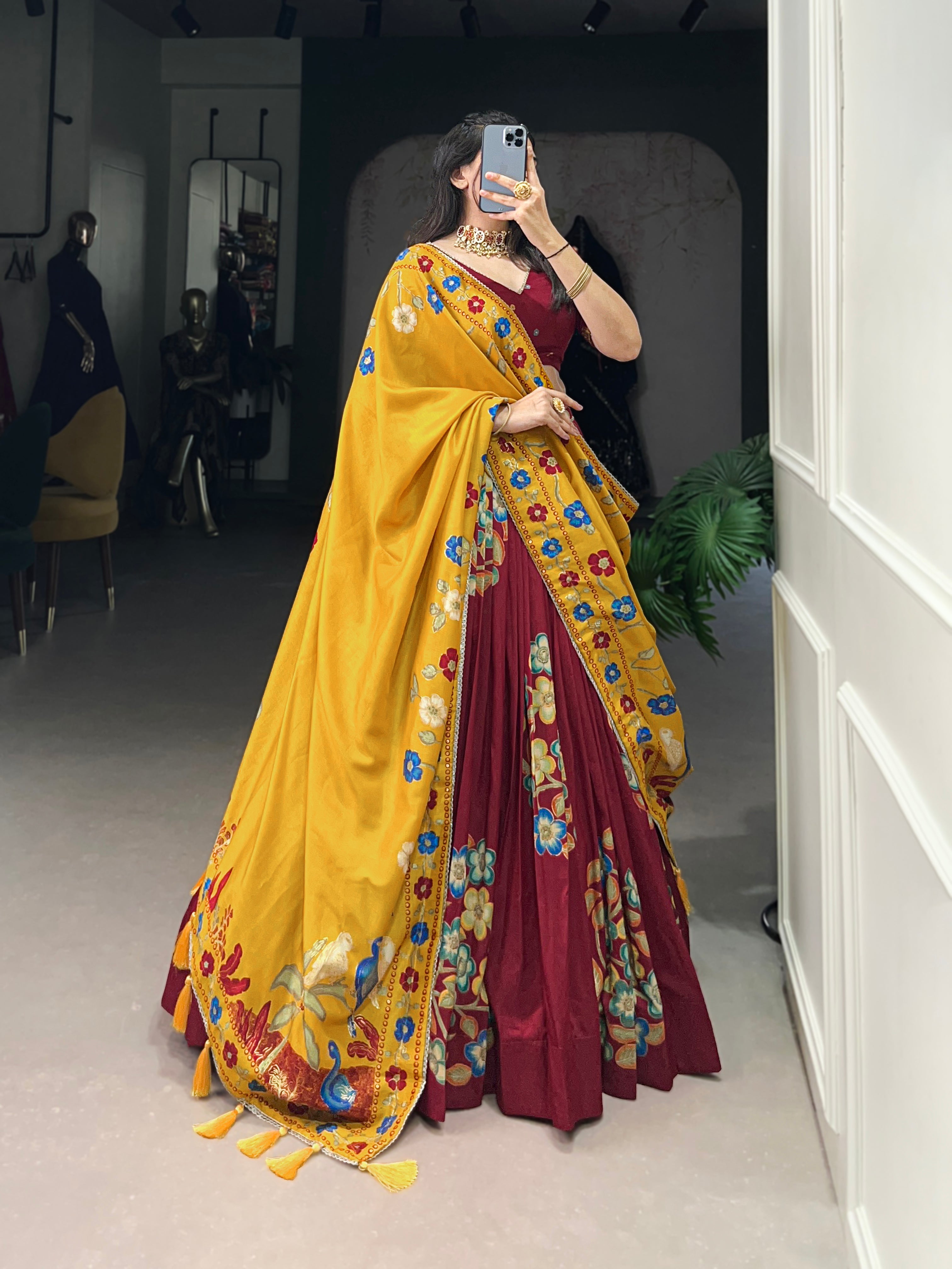 Lorenvalley Maroon Tussar Silk Printed And Foil Work With Lace Touch Up Lehenga Choli with Dupatta | Grocsy