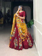 Lorenvalley Maroon Tussar Silk Printed And Foil Work With Lace Touch Up Lehenga Choli with Dupatta | Grocsy