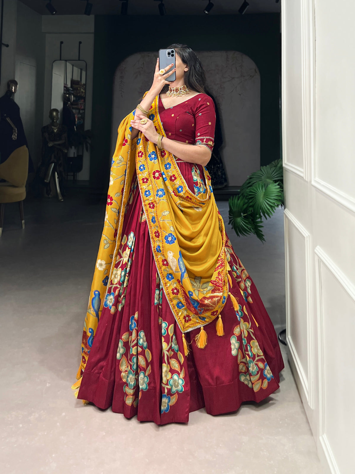 Lorenvalley Maroon Tussar Silk Printed And Foil Work With Lace Touch Up Lehenga Choli with Dupatta | Grocsy