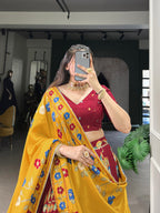 Lorenvalley Maroon Tussar Silk Printed And Foil Work With Lace Touch Up Lehenga Choli with Dupatta | Grocsy