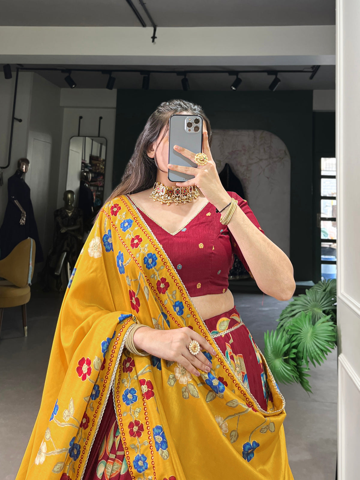 Lorenvalley Maroon Tussar Silk Printed And Foil Work With Lace Touch Up Lehenga Choli with Dupatta | Grocsy