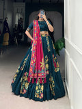 Lorenvalley Teal Tussar Silk Printed And Foil Work With Lace Touch Up Lehenga Choli with Dupatta | Grocsy