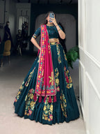 Lorenvalley Teal Tussar Silk Printed And Foil Work With Lace Touch Up Lehenga Choli with Dupatta | Grocsy