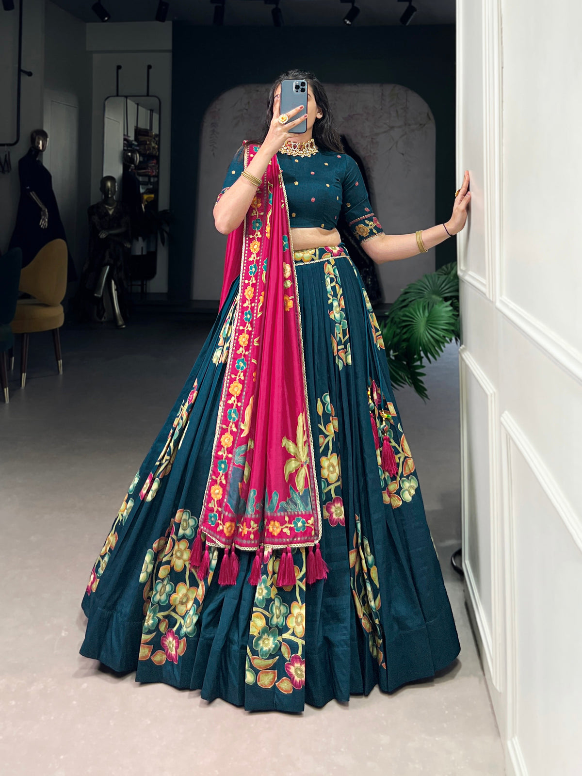 Lorenvalley Teal Tussar Silk Printed And Foil Work With Lace Touch Up Lehenga Choli with Dupatta | Grocsy