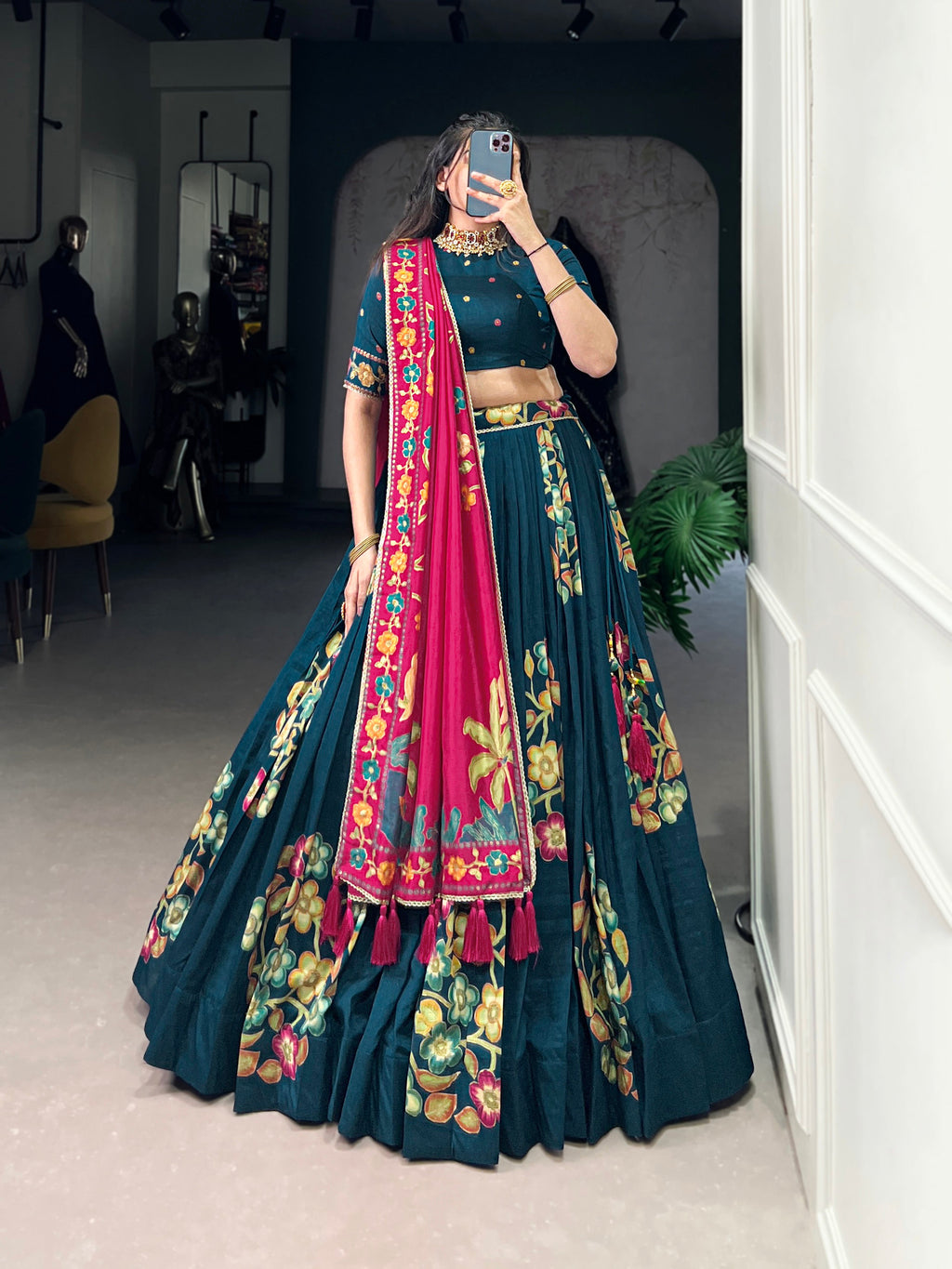 Lorenvalley Teal Tussar Silk Printed And Foil Work With Lace Touch Up Lehenga Choli with Dupatta | Grocsy