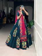 Lorenvalley Teal Tussar Silk Printed And Foil Work With Lace Touch Up Lehenga Choli with Dupatta | Grocsy
