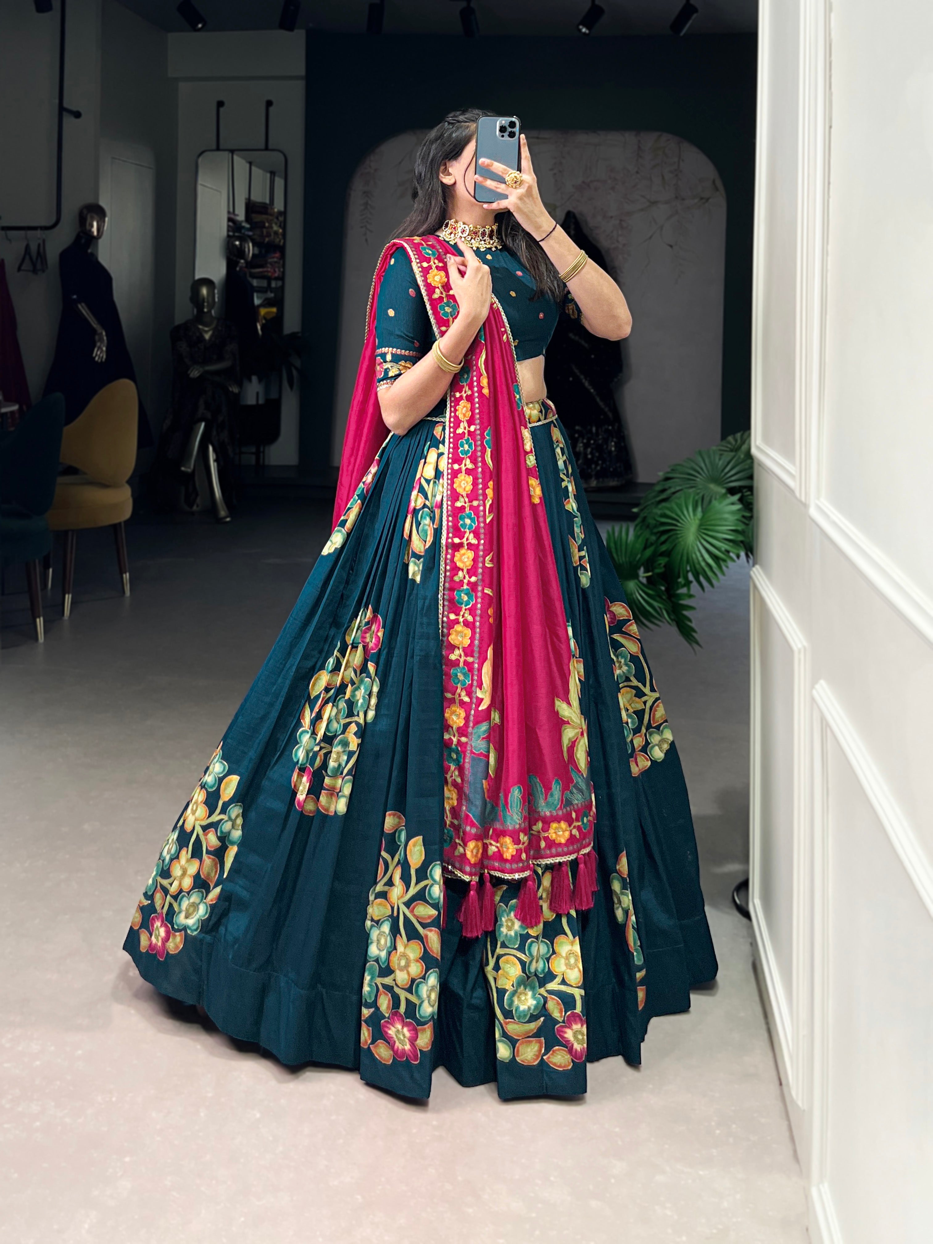 Lorenvalley Teal Tussar Silk Printed And Foil Work With Lace Touch Up Lehenga Choli with Dupatta | Grocsy