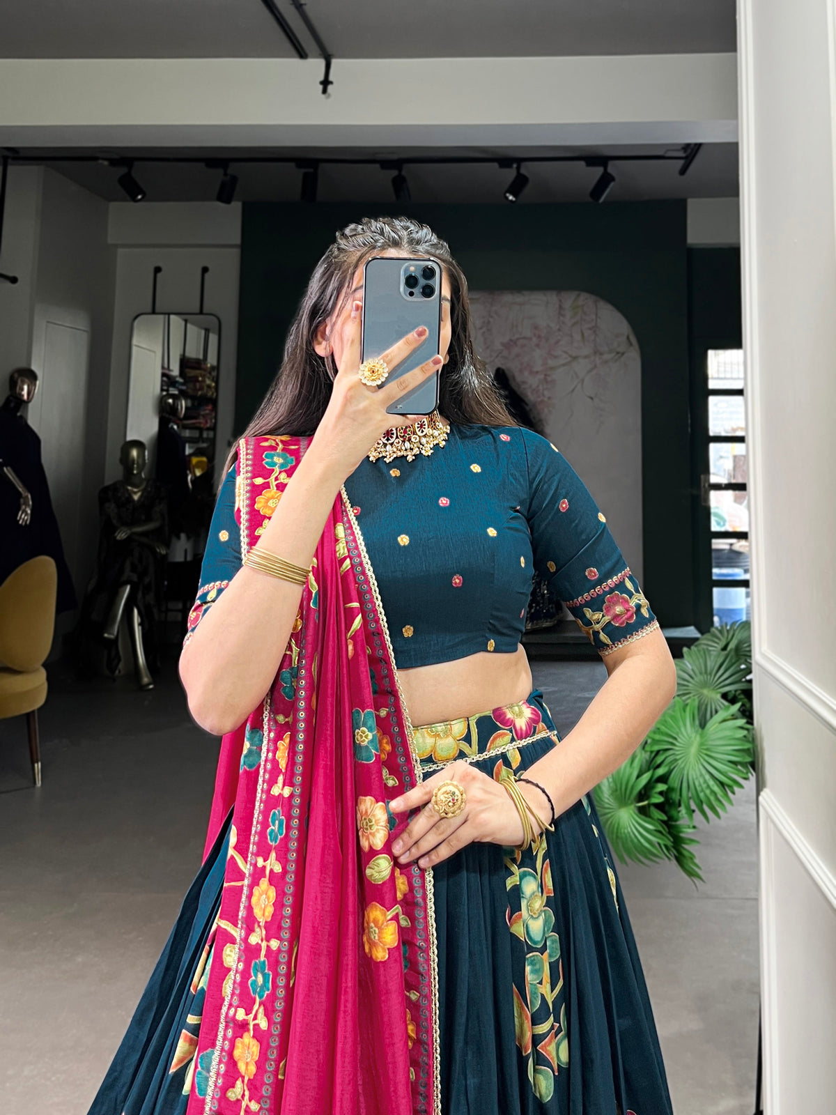 Lorenvalley Teal Tussar Silk Printed And Foil Work With Lace Touch Up Lehenga Choli with Dupatta | Grocsy