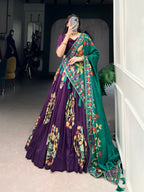 Lorenvalley Purple Tussar Silk Printed And Foil Work With Lace Touch Up Lehenga Choli with Dupatta | Grocsy