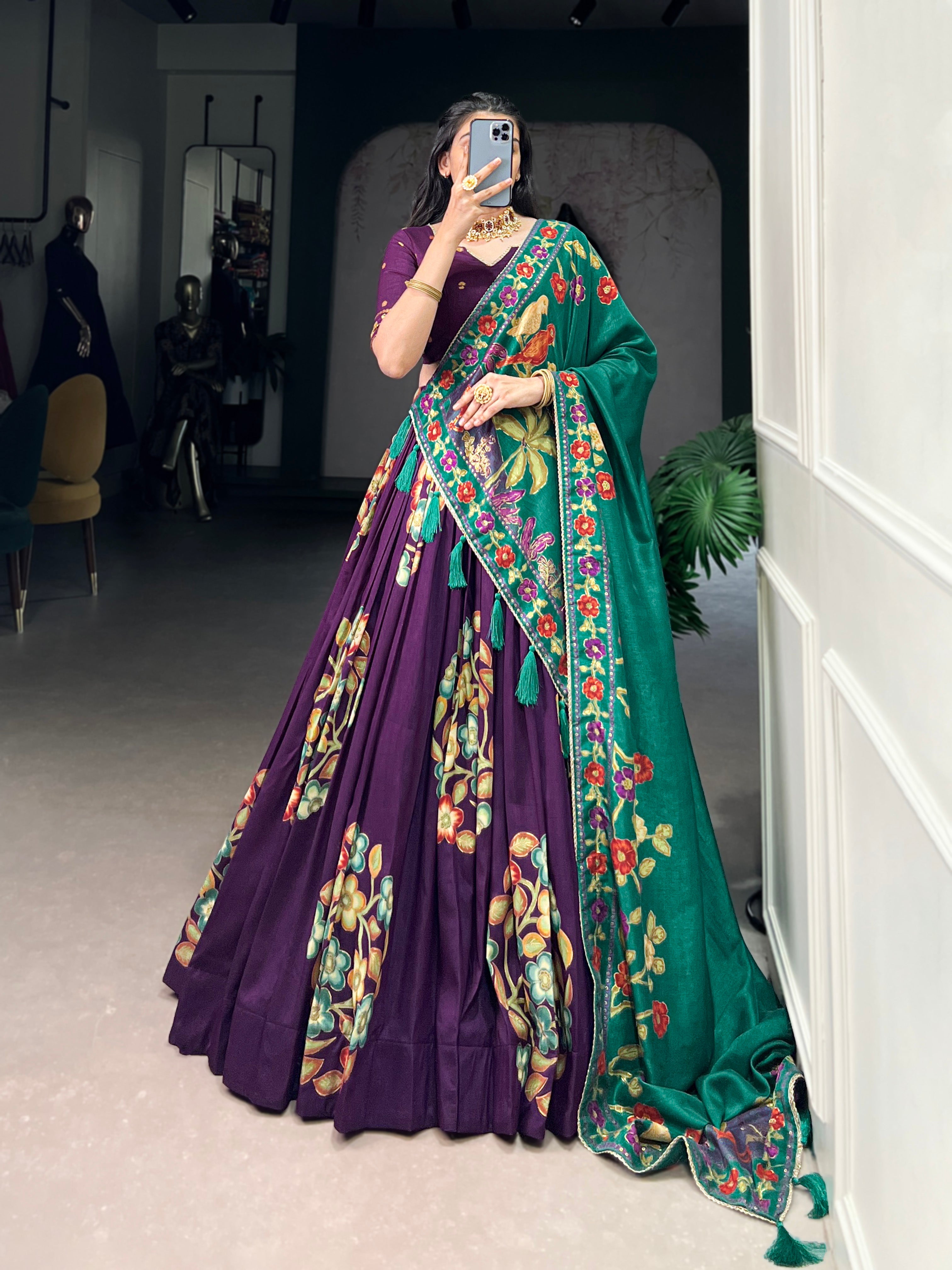 Lorenvalley Purple Tussar Silk Printed And Foil Work With Lace Touch Up Lehenga Choli with Dupatta | Grocsy