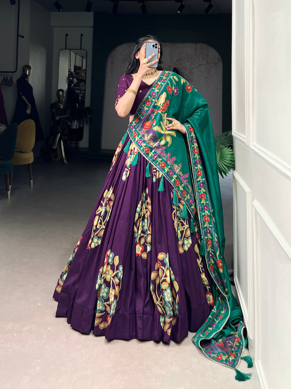 Lorenvalley Purple Tussar Silk Printed And Foil Work With Lace Touch Up Lehenga Choli with Dupatta | Grocsy
