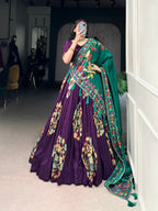 Lorenvalley Purple Tussar Silk Printed And Foil Work With Lace Touch Up Lehenga Choli with Dupatta | Grocsy