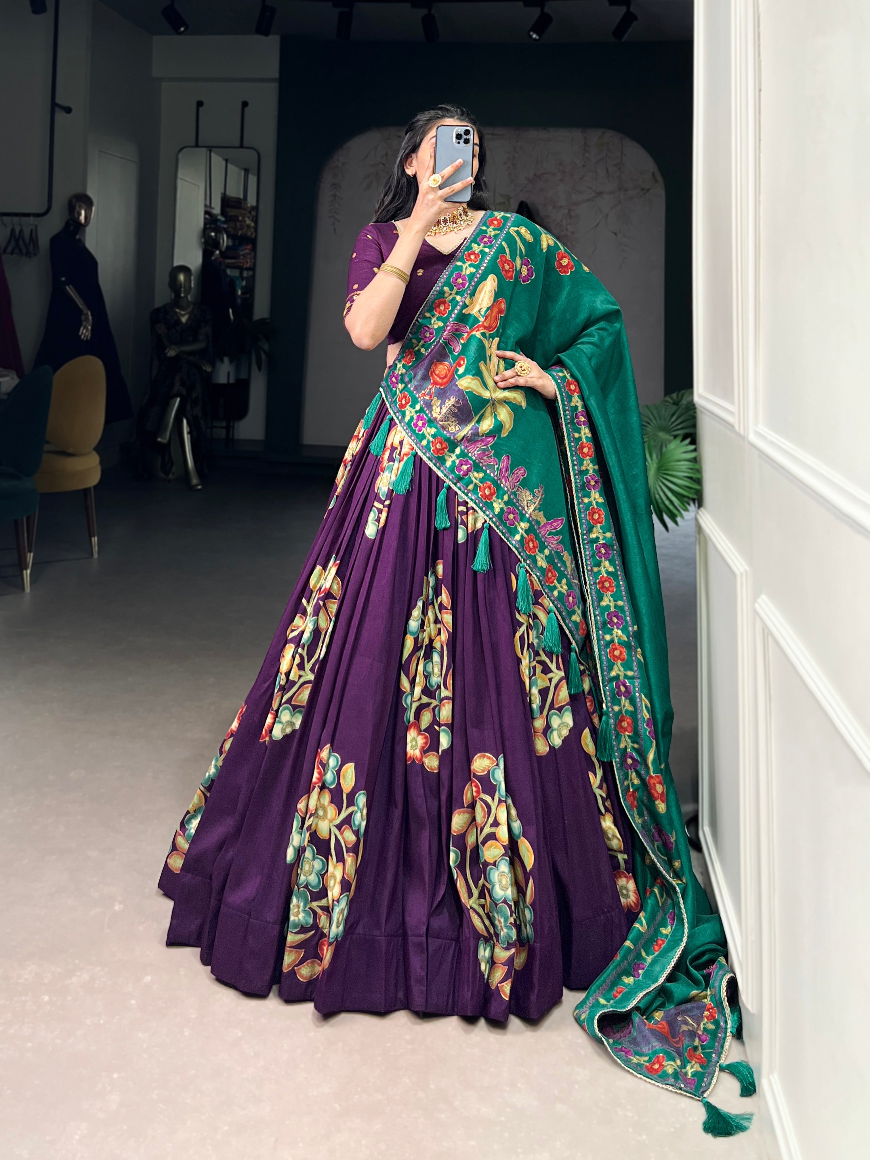 Lorenvalley Purple Tussar Silk Printed And Foil Work With Lace Touch Up Lehenga Choli with Dupatta | Grocsy