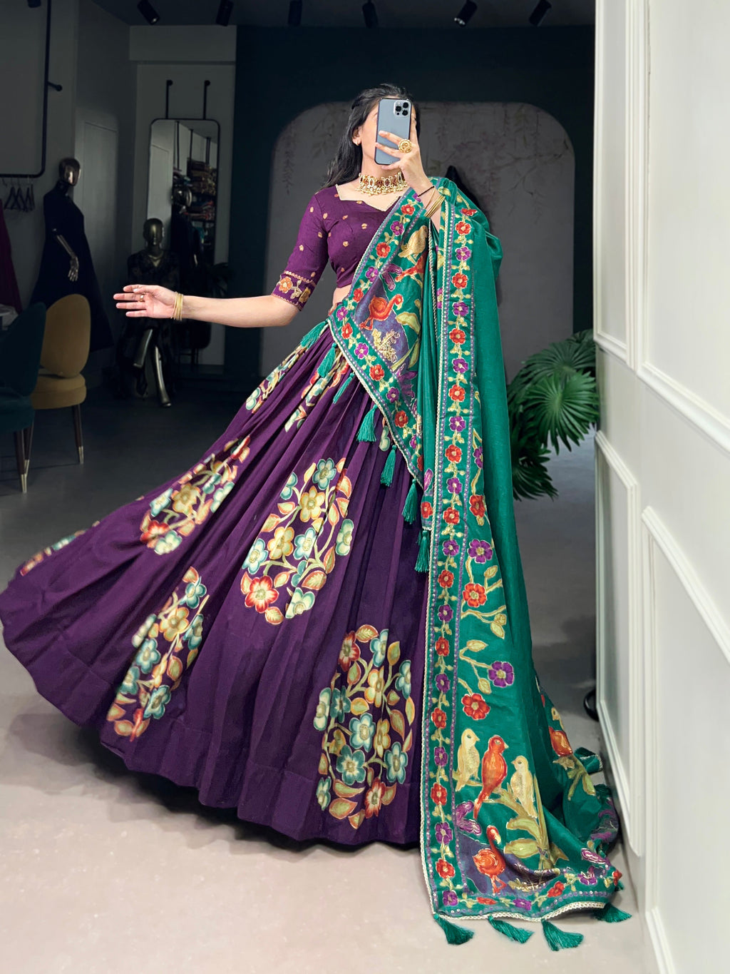Lorenvalley Purple Tussar Silk Printed And Foil Work With Lace Touch Up Lehenga Choli with Dupatta | Grocsy