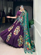 Lorenvalley Purple Tussar Silk Printed And Foil Work With Lace Touch Up Lehenga Choli with Dupatta | Grocsy