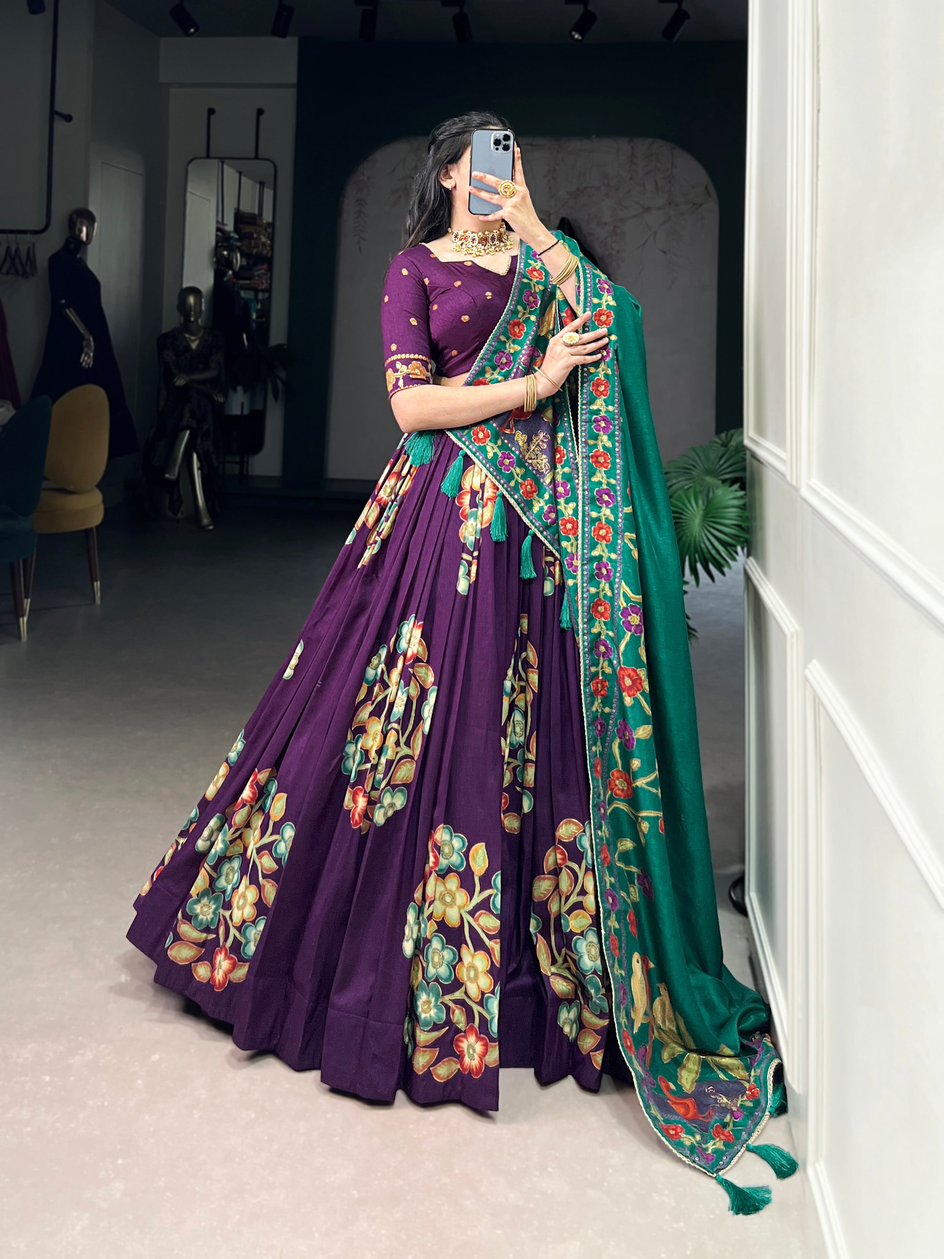 Lorenvalley Purple Tussar Silk Printed And Foil Work With Lace Touch Up Lehenga Choli with Dupatta | Grocsy