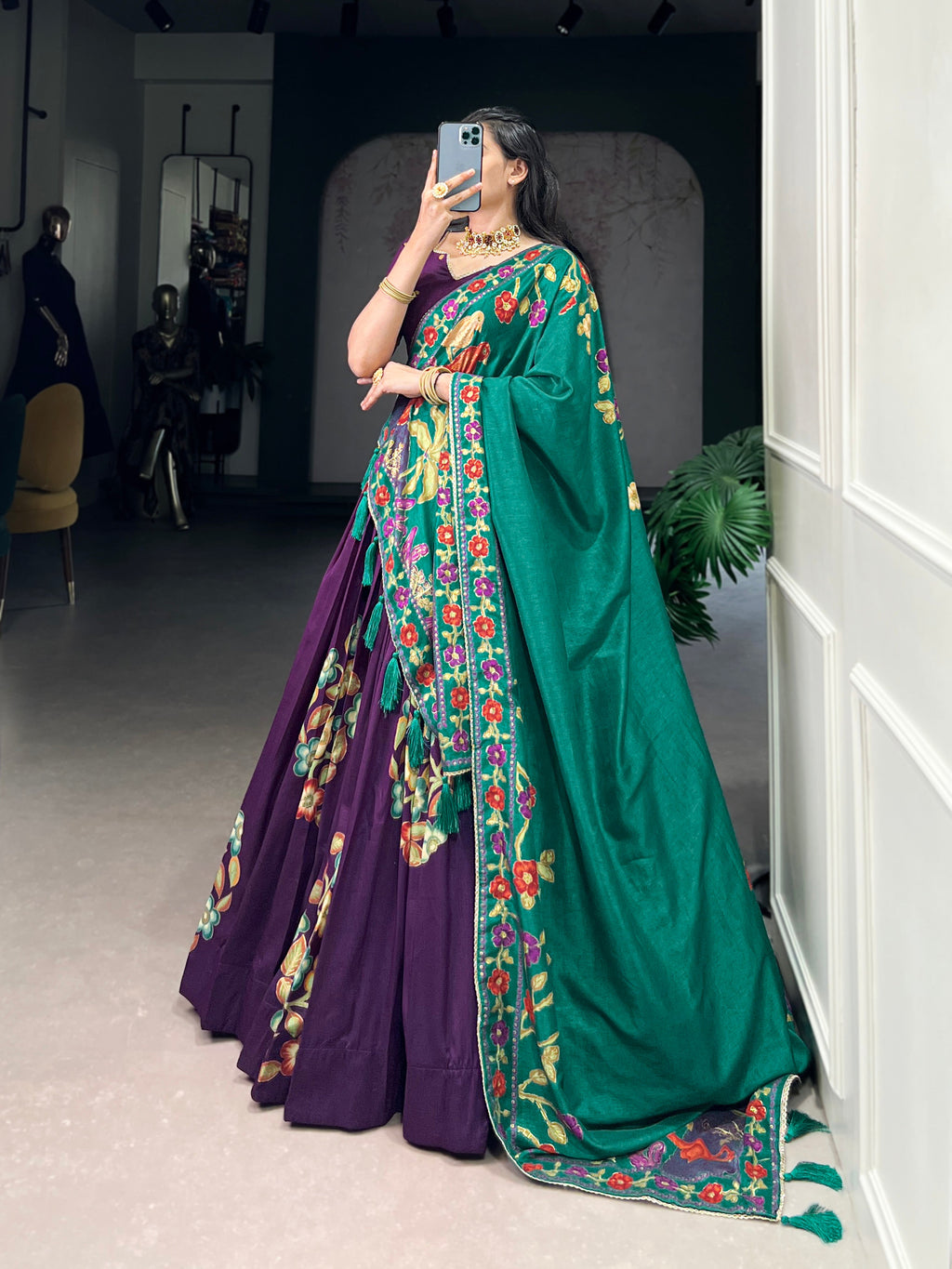 Lorenvalley Purple Tussar Silk Printed And Foil Work With Lace Touch Up Lehenga Choli with Dupatta | Grocsy