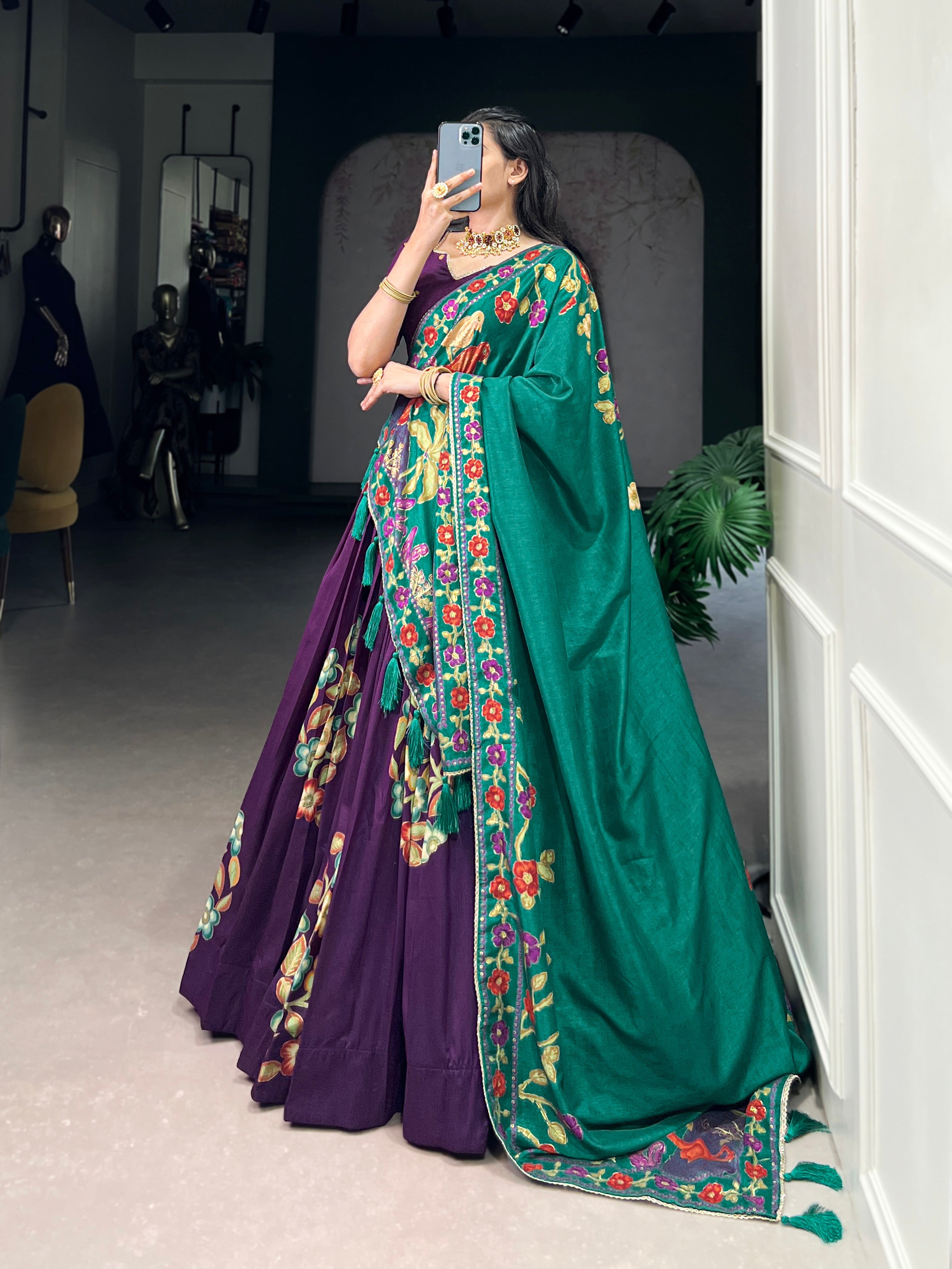 Lorenvalley Purple Tussar Silk Printed And Foil Work With Lace Touch Up Lehenga Choli with Dupatta | Grocsy