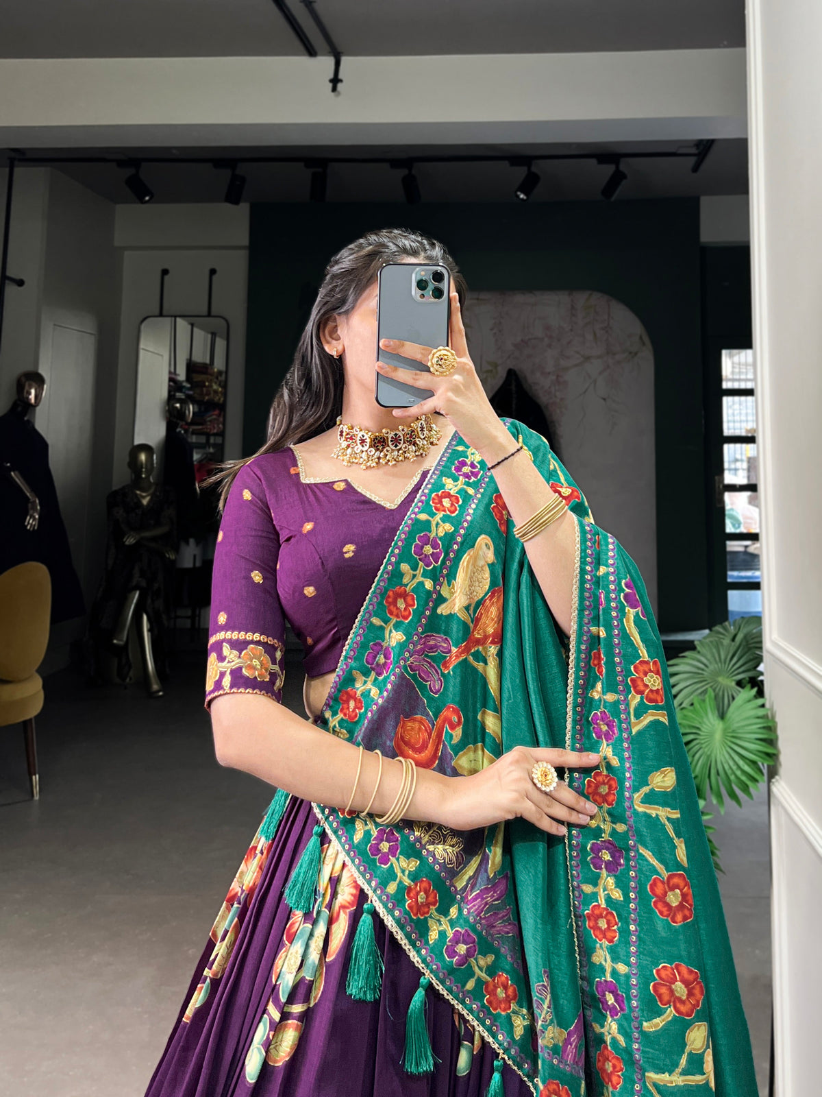 Lorenvalley Purple Tussar Silk Printed And Foil Work With Lace Touch Up Lehenga Choli with Dupatta | Grocsy