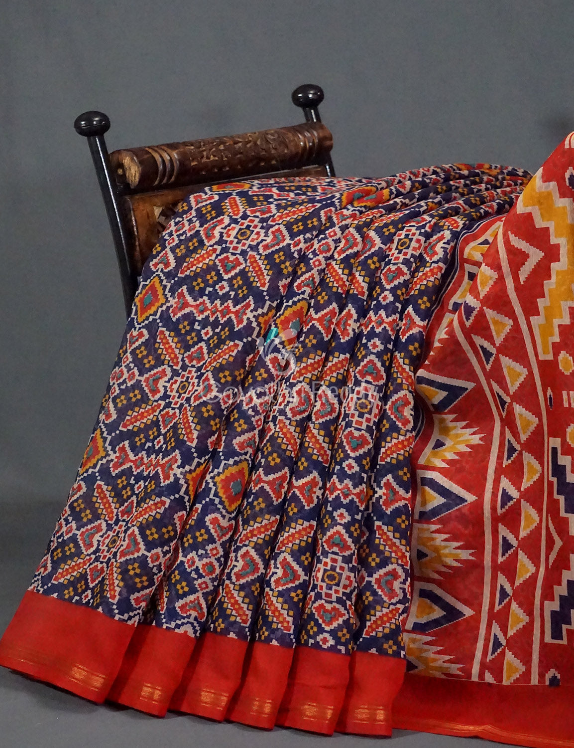 Navy Blue And Red Colour Patola Print Semi Chanderi Saree By Gayathri Reddy Designer Studio | Grocsy