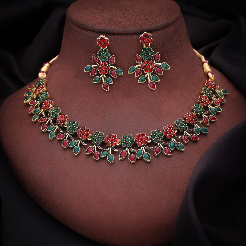 Tehzeeb Creations Green And Maroon Pack of 1 Gold-Polished Choker Necklace Set With Earring For Women & Girls | Grocsy