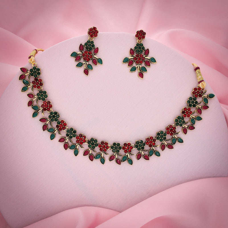 Tehzeeb Creations Green And Maroon Pack of 1 Gold-Polished Choker Necklace Set With Earring For Women & Girls | Grocsy
