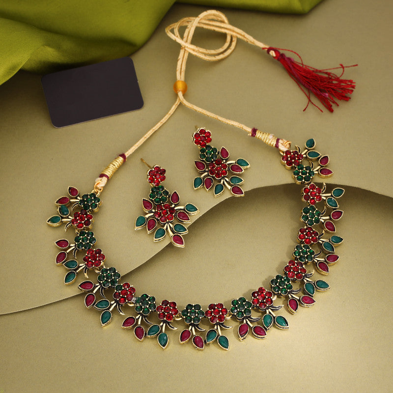 Tehzeeb Creations Green And Maroon Pack of 1 Gold-Polished Choker Necklace Set With Earring For Women & Girls | Grocsy
