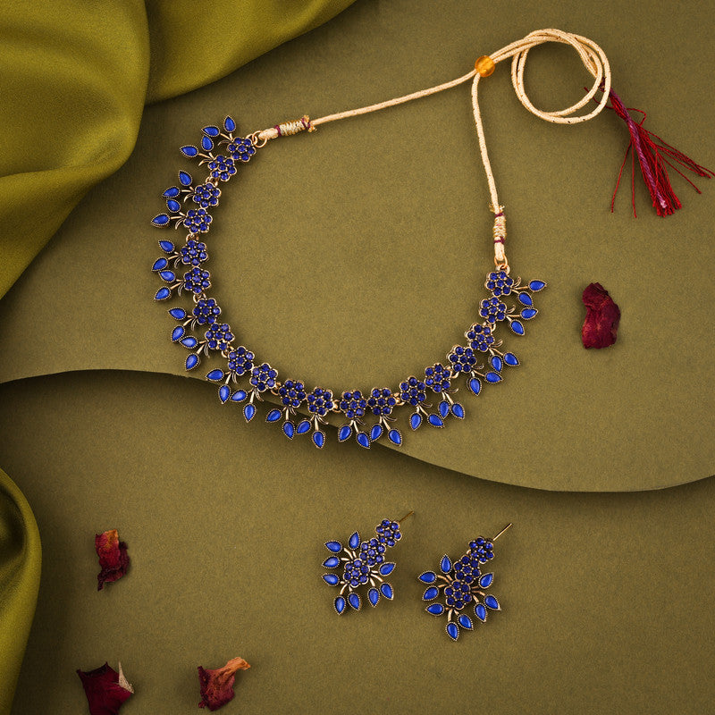 Tehzeeb Creations Royal Blue Pack of 1 Gold-Polished Choker Necklace Set With Earring For Women & Girls | Grocsy