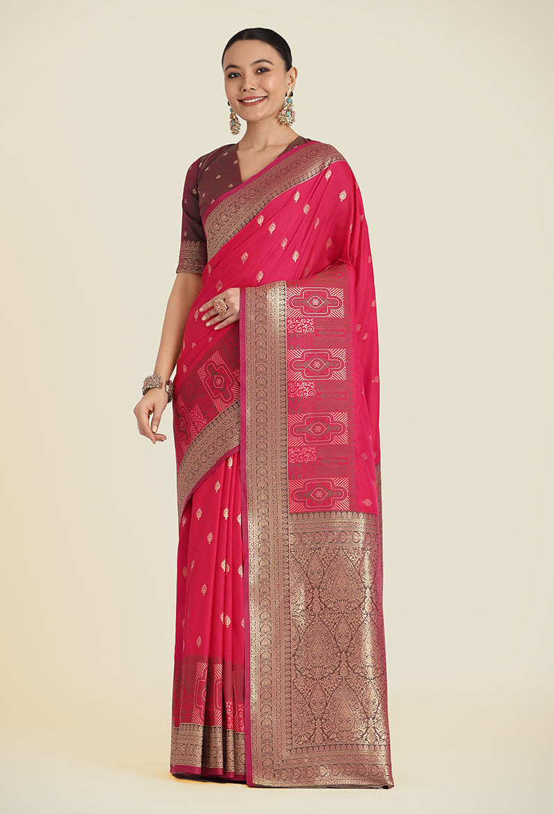 Monjolika Fashion Pink Color Banarasi Soft Silk Trendy Saree | Grocsy