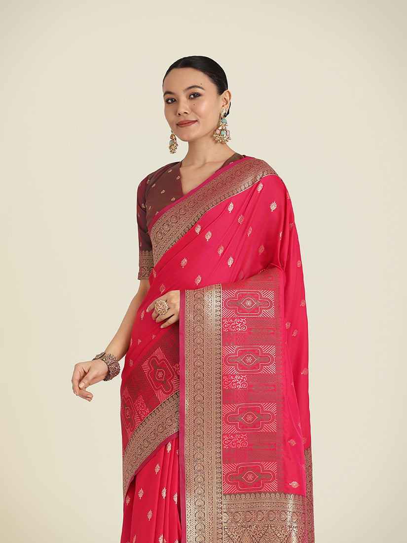 Monjolika Fashion Pink Color Banarasi Soft Silk Trendy Saree | Grocsy