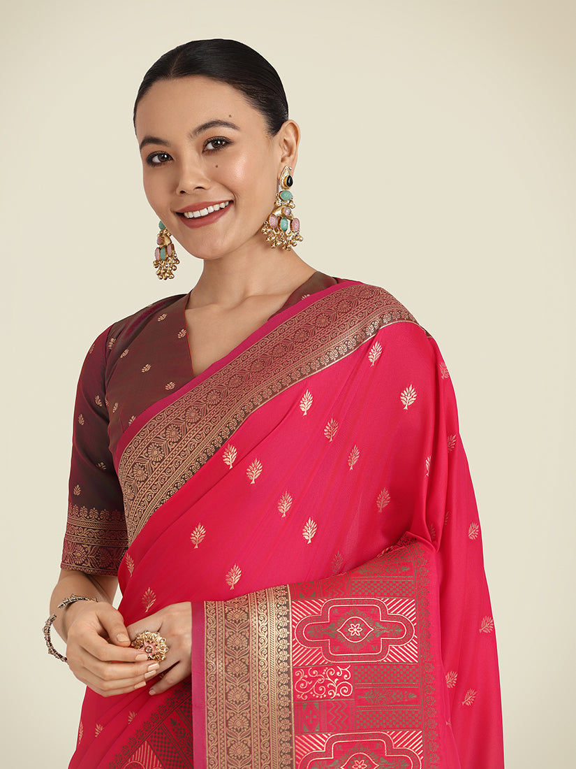Monjolika Fashion Pink Color Banarasi Soft Silk Trendy Saree | Grocsy