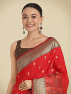 Monjolika Fashion Red Color Banarasi Soft Silk Trendy Saree | Grocsy