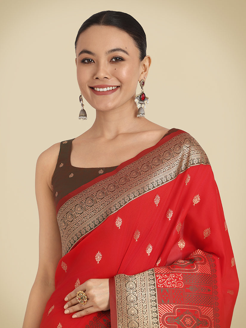 Monjolika Fashion Red Color Banarasi Soft Silk Trendy Saree | Grocsy